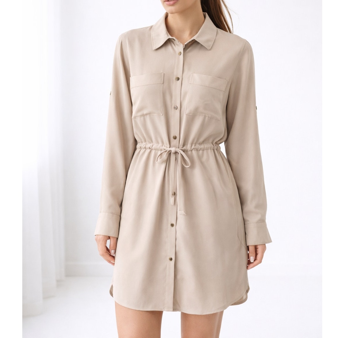 Adam Lippes Silk Shirt Dress Womens Xs Tan Beige Drawstring Waist Minimalist